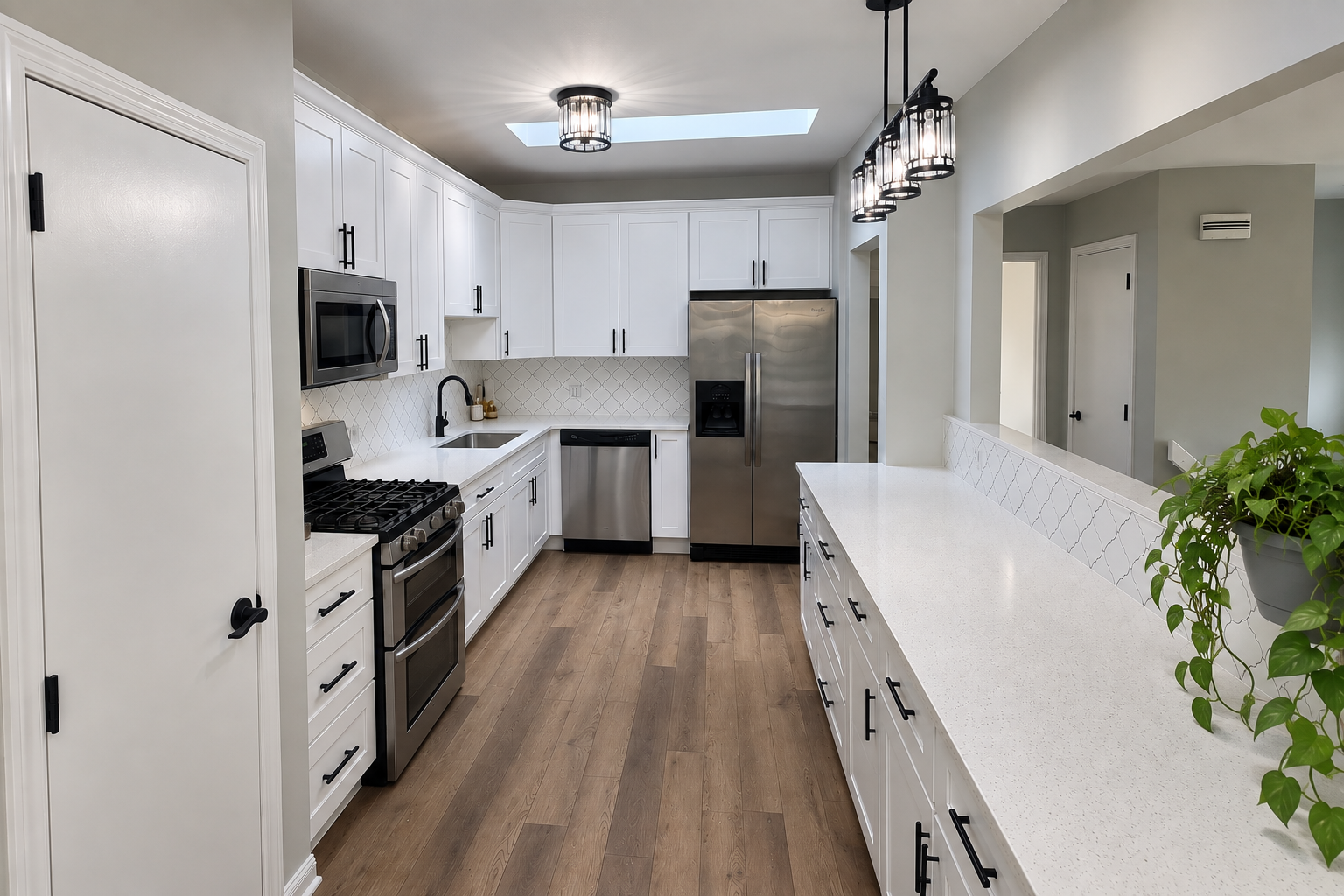 Galley kitchen with white shaker cabinets, white quartz countertops, arabesque tile backsplash, stainless steel appliances, and black cage pendant lights