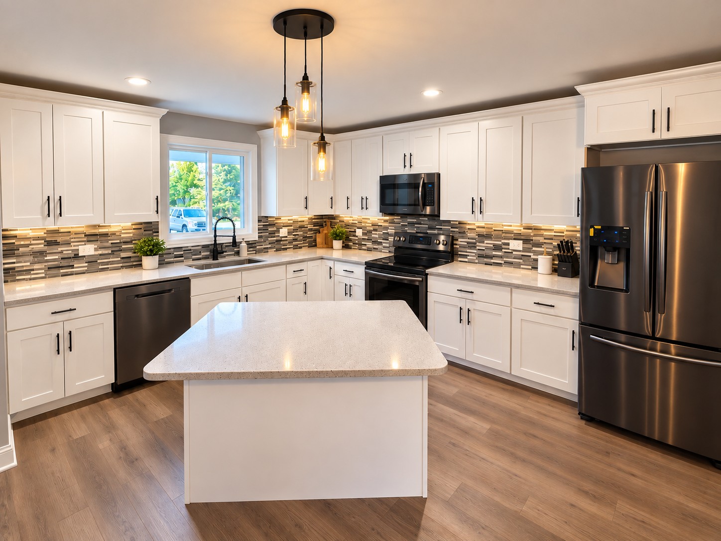 Mokena open-concept kitchen after staircase relocation, with white shaker cabinets, quartz island, and glass mosaic backsplash